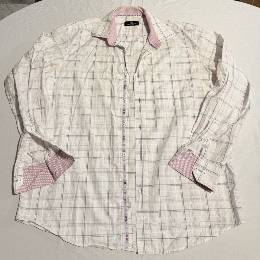 BUGATCHI UOMO Regular Fit White Purple Pink Plaid Long Sleeve Shirt Size XL